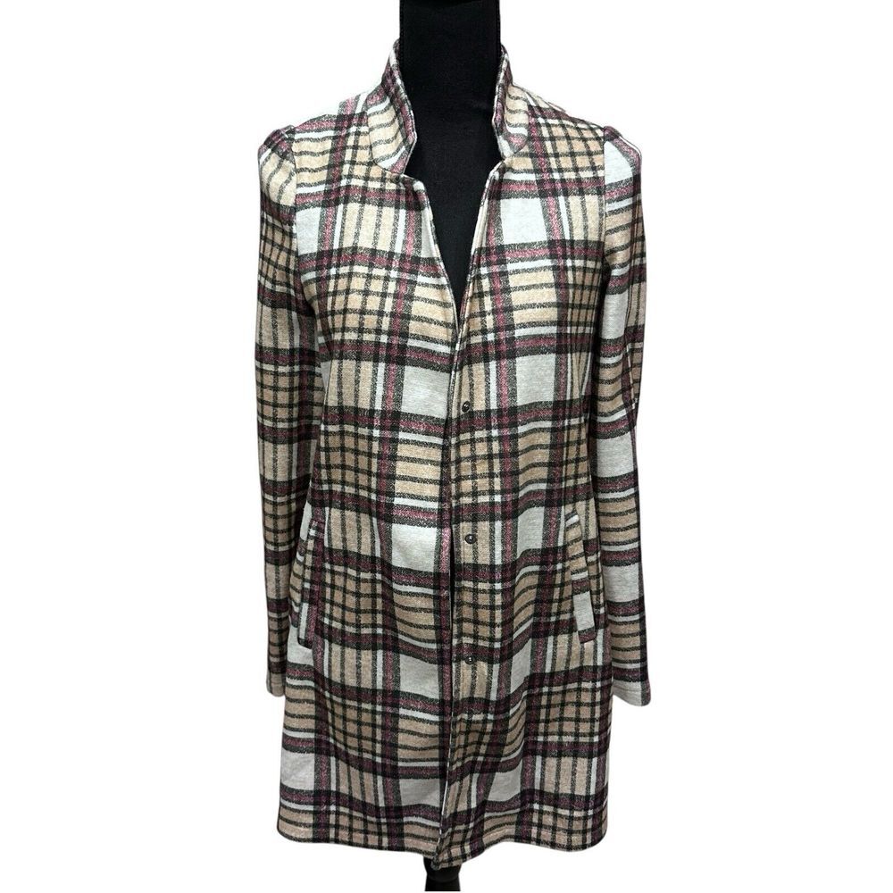 Vero Moda Women's Size XS Katrine Tan Buffalo Plaid Long Jacket‎ Pockets - Picture 2 of 11